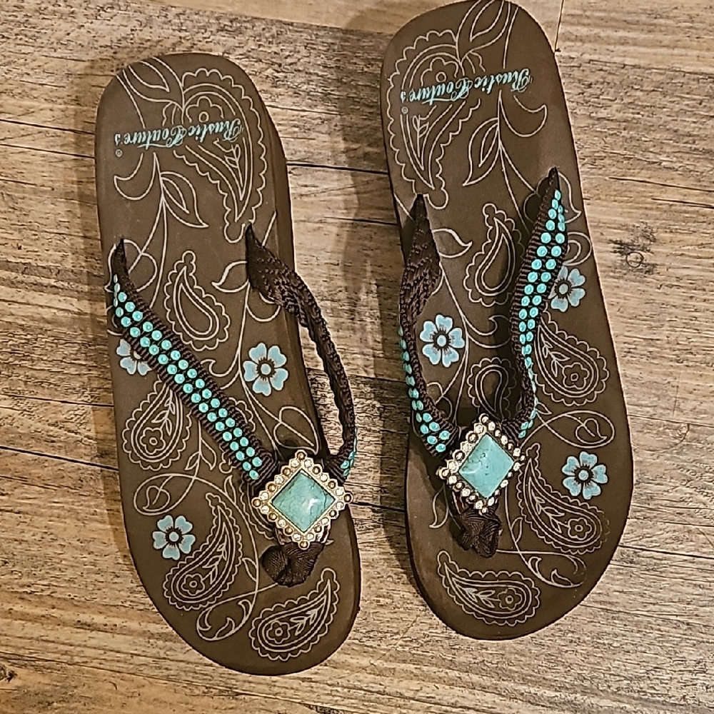 Brown Sandal Flip-Flops with Turquoise Beaded Accents